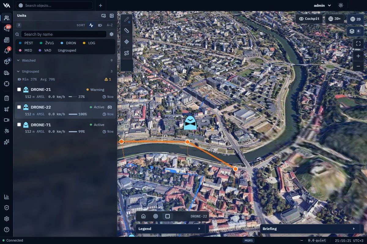 VADAS: satellite view of Vilnius with tracked units and a drone route